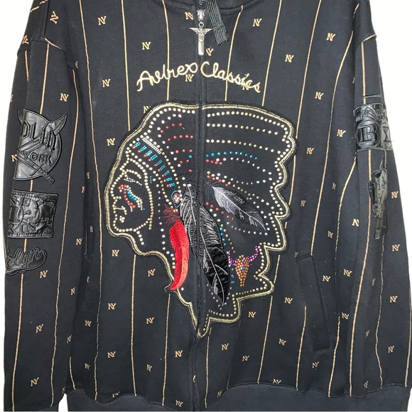 Avirex Classic Hoodie Size L Black Indian Chief Design & Arm Patches Zip Up NY - Picture 3 of 16